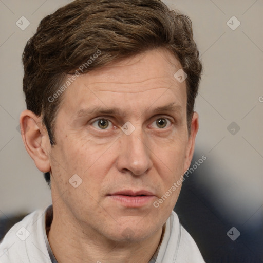 Neutral white adult male with short  brown hair and brown eyes