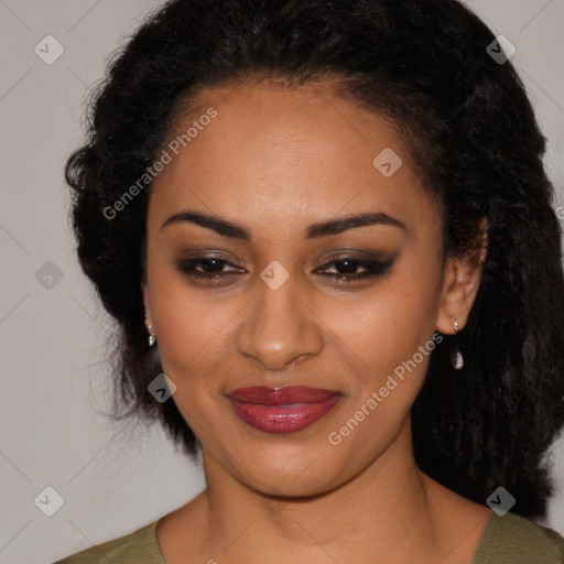 Joyful latino young-adult female with medium  black hair and brown eyes