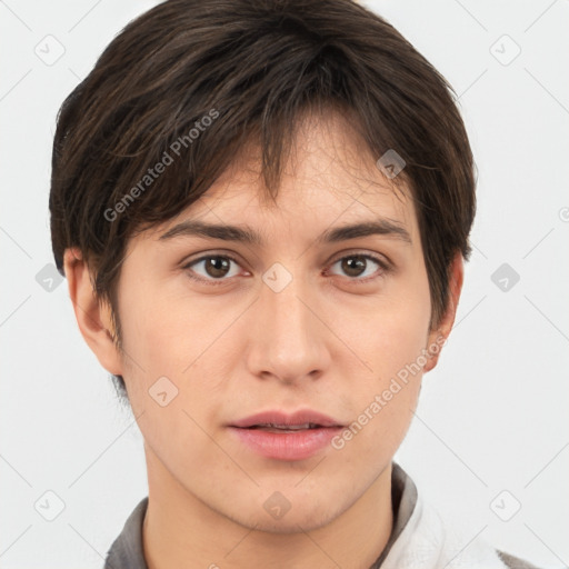 Neutral white young-adult female with short  brown hair and brown eyes