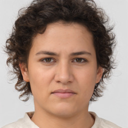 Neutral white young-adult female with short  brown hair and brown eyes