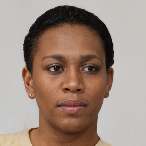 Neutral black young-adult female with short  black hair and brown eyes