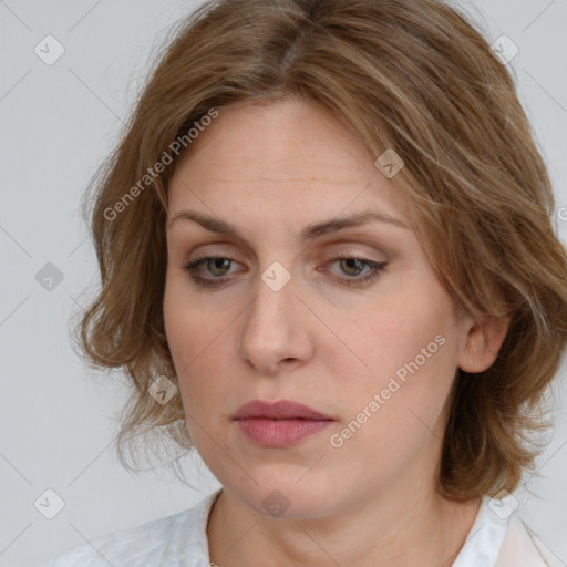 Neutral white young-adult female with medium  brown hair and brown eyes