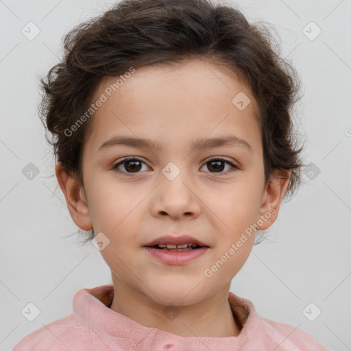 Joyful white child female with short  brown hair and brown eyes