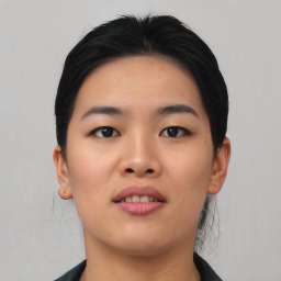 Neutral asian young-adult female with short  black hair and brown eyes