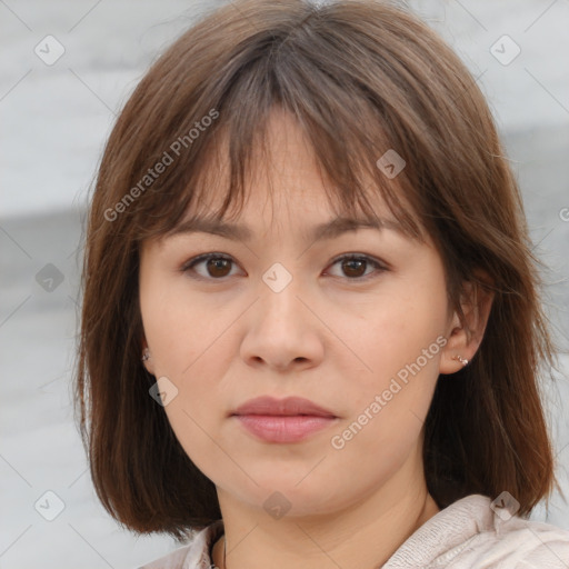 Neutral white young-adult female with medium  brown hair and brown eyes