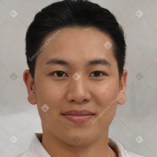 Joyful asian young-adult male with short  brown hair and brown eyes