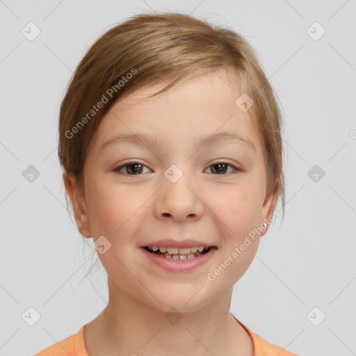 Joyful white child female with medium  brown hair and brown eyes