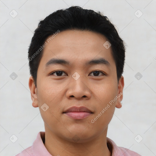 Neutral asian young-adult male with short  black hair and brown eyes