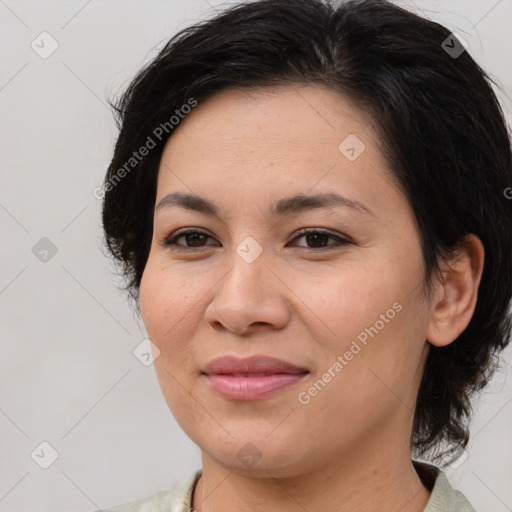 Joyful white young-adult female with medium  brown hair and brown eyes