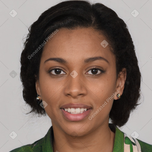 Joyful black young-adult female with medium  brown hair and brown eyes