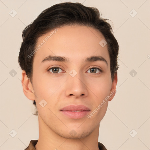 Neutral white young-adult male with short  brown hair and brown eyes