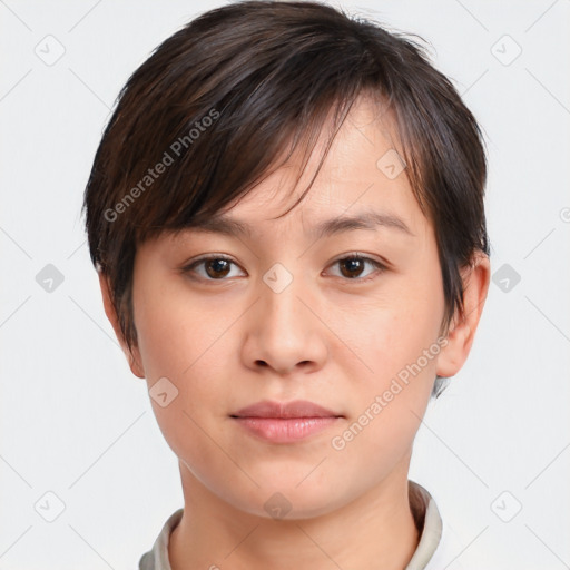 Neutral white young-adult female with short  brown hair and brown eyes