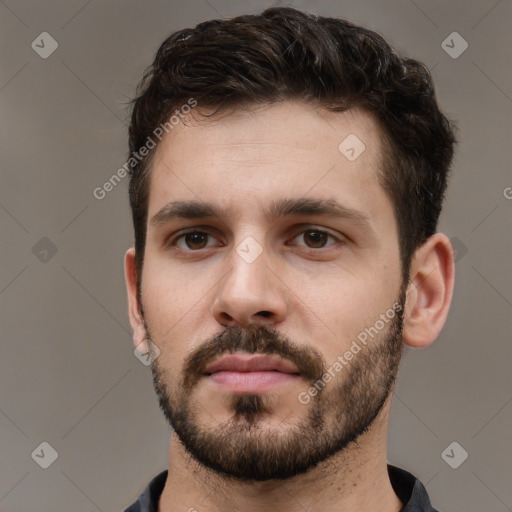 Neutral white young-adult male with short  brown hair and brown eyes