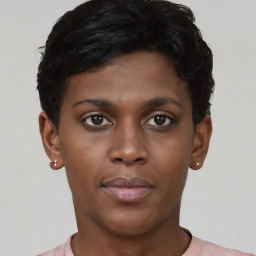 Neutral black young-adult female with short  brown hair and brown eyes