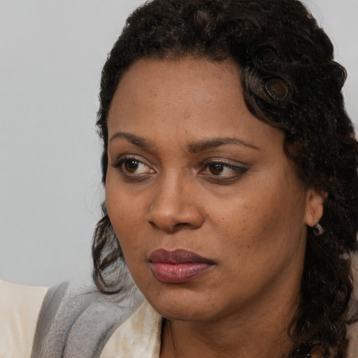 Neutral black young-adult female with medium  black hair and brown eyes