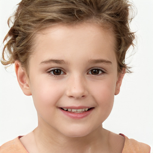 Joyful white child female with short  brown hair and brown eyes