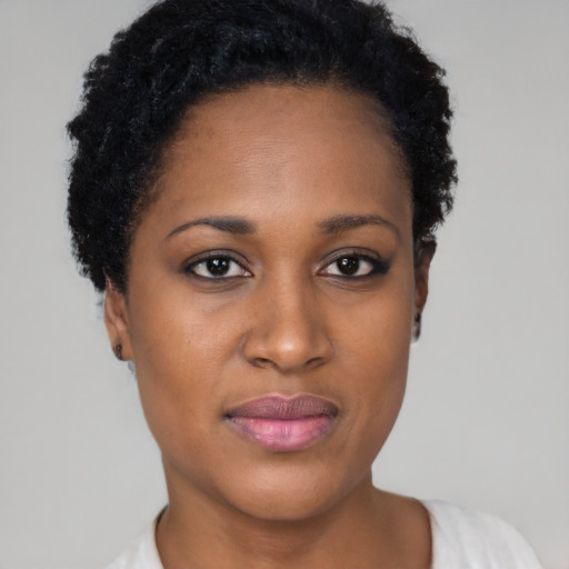 Joyful latino young-adult female with short  black hair and brown eyes
