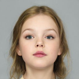 Neutral white child female with medium  brown hair and grey eyes