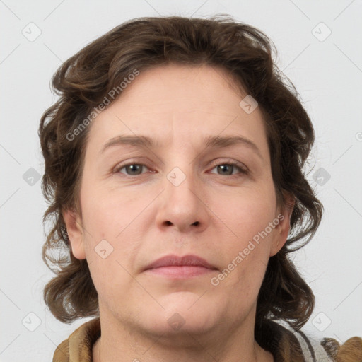 Neutral white adult female with medium  brown hair and grey eyes