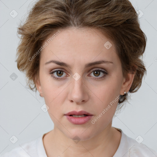 Neutral white young-adult female with medium  brown hair and brown eyes