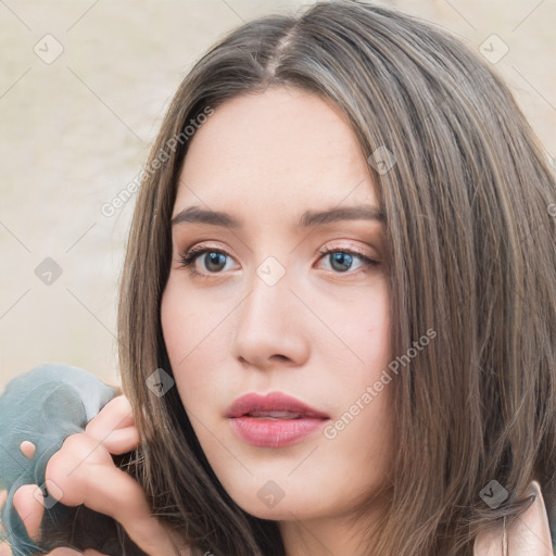 Neutral white young-adult female with long  brown hair and grey eyes