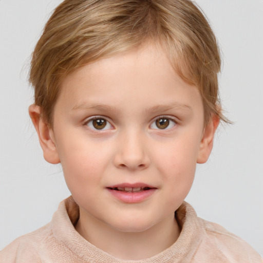 Joyful white child female with short  brown hair and brown eyes