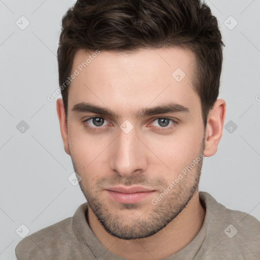 Neutral white young-adult male with short  brown hair and brown eyes