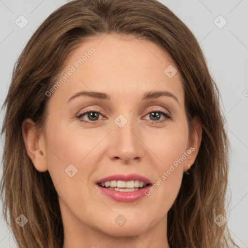 Joyful white young-adult female with long  brown hair and grey eyes