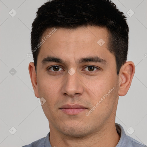 Neutral white young-adult male with short  brown hair and brown eyes