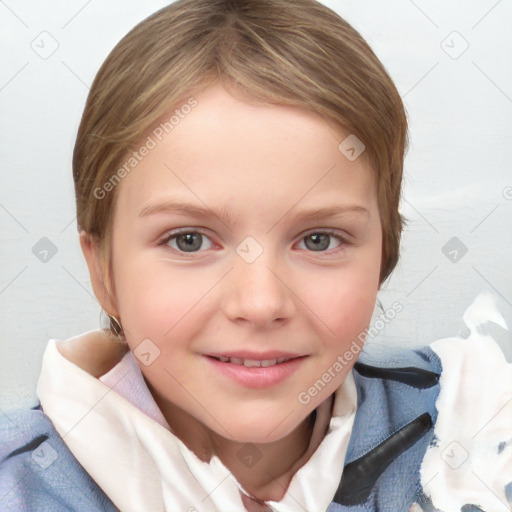 Joyful white child female with medium  brown hair and blue eyes