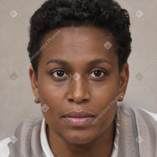 Neutral black young-adult female with short  brown hair and brown eyes