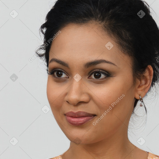 Joyful latino young-adult female with medium  black hair and brown eyes