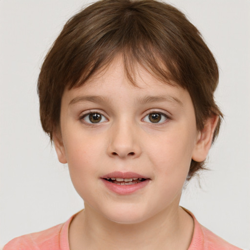 Joyful white child female with medium  brown hair and brown eyes