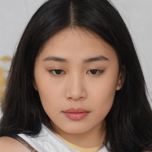Neutral asian young-adult female with long  brown hair and brown eyes