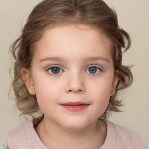 Neutral white child female with medium  brown hair and grey eyes