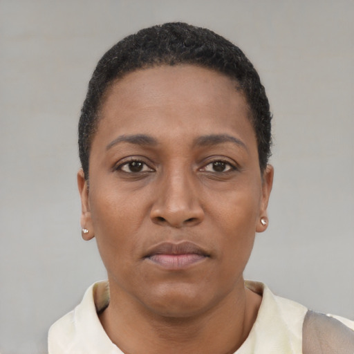 Neutral latino young-adult female with short  black hair and brown eyes