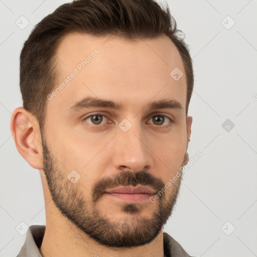 Neutral white young-adult male with short  brown hair and brown eyes