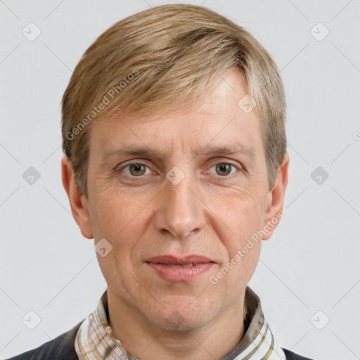 Joyful white adult male with short  brown hair and grey eyes