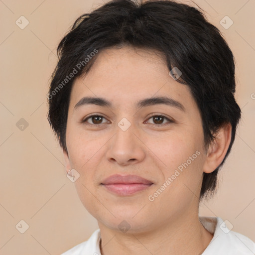 Joyful white young-adult female with medium  brown hair and brown eyes