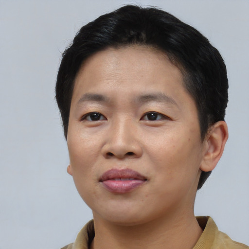 Joyful asian young-adult female with short  black hair and brown eyes