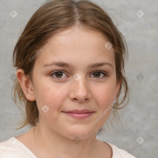 Joyful white child female with medium  brown hair and brown eyes