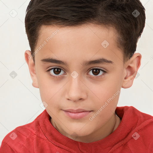 Joyful white child male with short  brown hair and brown eyes