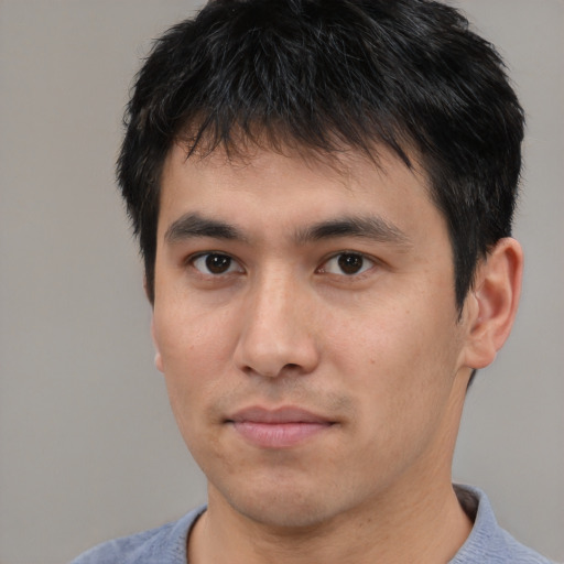 Neutral asian young-adult male with short  black hair and brown eyes