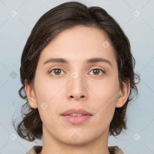 Neutral white young-adult female with medium  brown hair and brown eyes