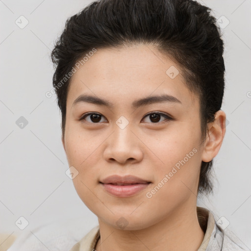 Joyful asian young-adult female with short  brown hair and brown eyes