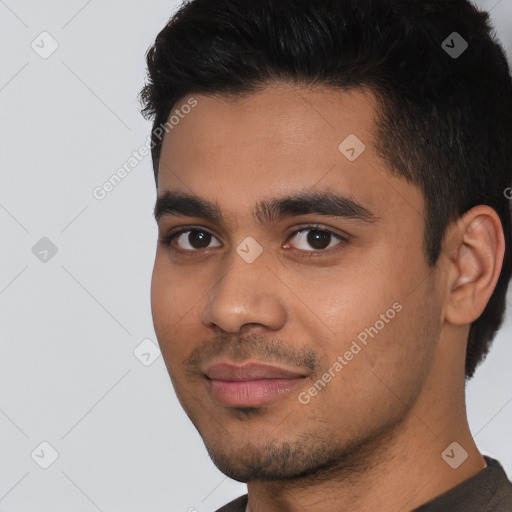 Neutral latino young-adult male with short  black hair and brown eyes