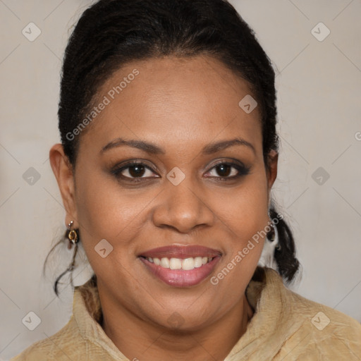 Joyful black young-adult female with long  brown hair and brown eyes