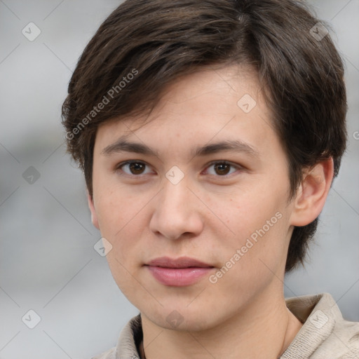 Neutral white young-adult female with short  brown hair and brown eyes