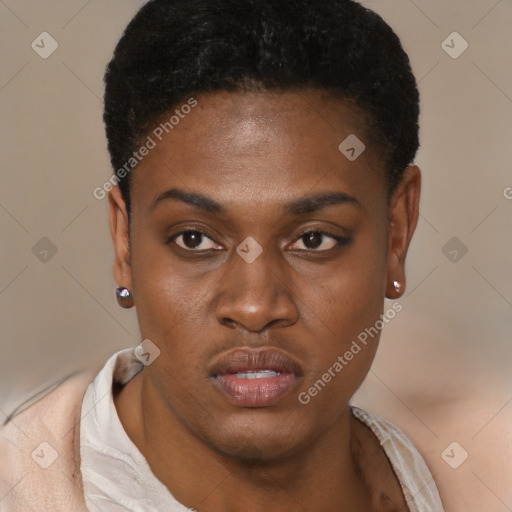 Neutral black young-adult female with short  black hair and brown eyes