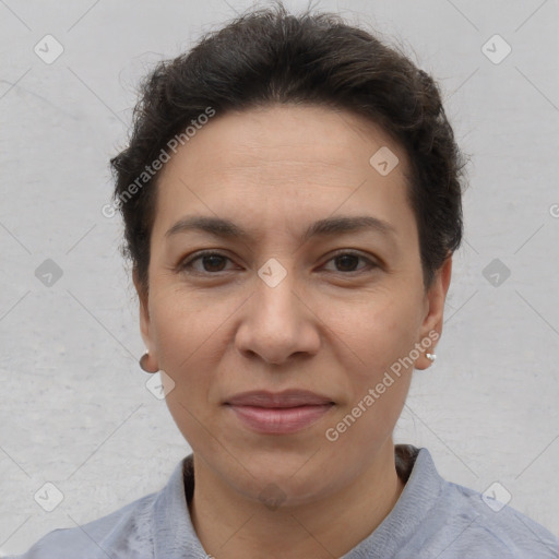 Joyful white adult female with short  brown hair and brown eyes